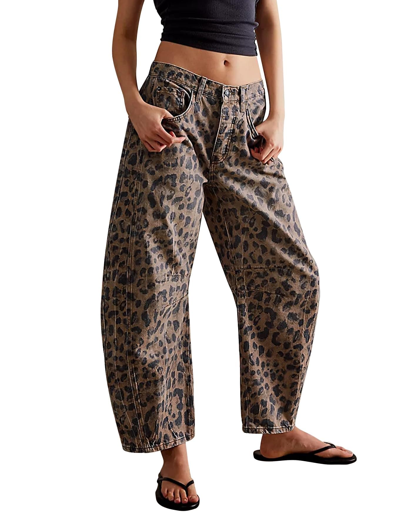 Kedera Women's Baggy Barrel Jeans Casual Boyfriend Mid Rise Leopard Printed Wide Leg Denim Ankle Pants