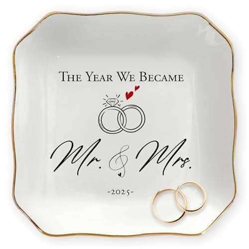 OASSIE Christmas Wedding Gifts for Couples 2025 - Mr and Mrs Gifts 4"x4" Ceramic Jewelry Dish Tray - Bridal Shower Engagement Gifts for Bride Women Newlyweds Marriage Just Married