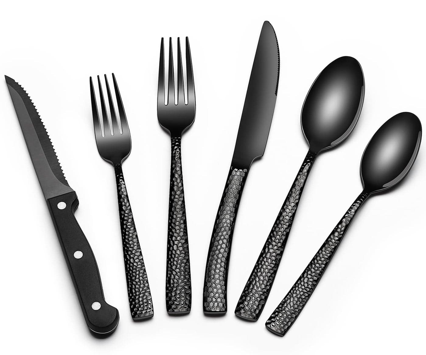 Black Hammered Silverware Set with Steak Knives 24Piece Stainless Steel Wave Flatware Set for 4 FoodGrade Tableware Cutlery Set Utensil Sets for Home Restaurant Mirror Finish Dishwasher Safe