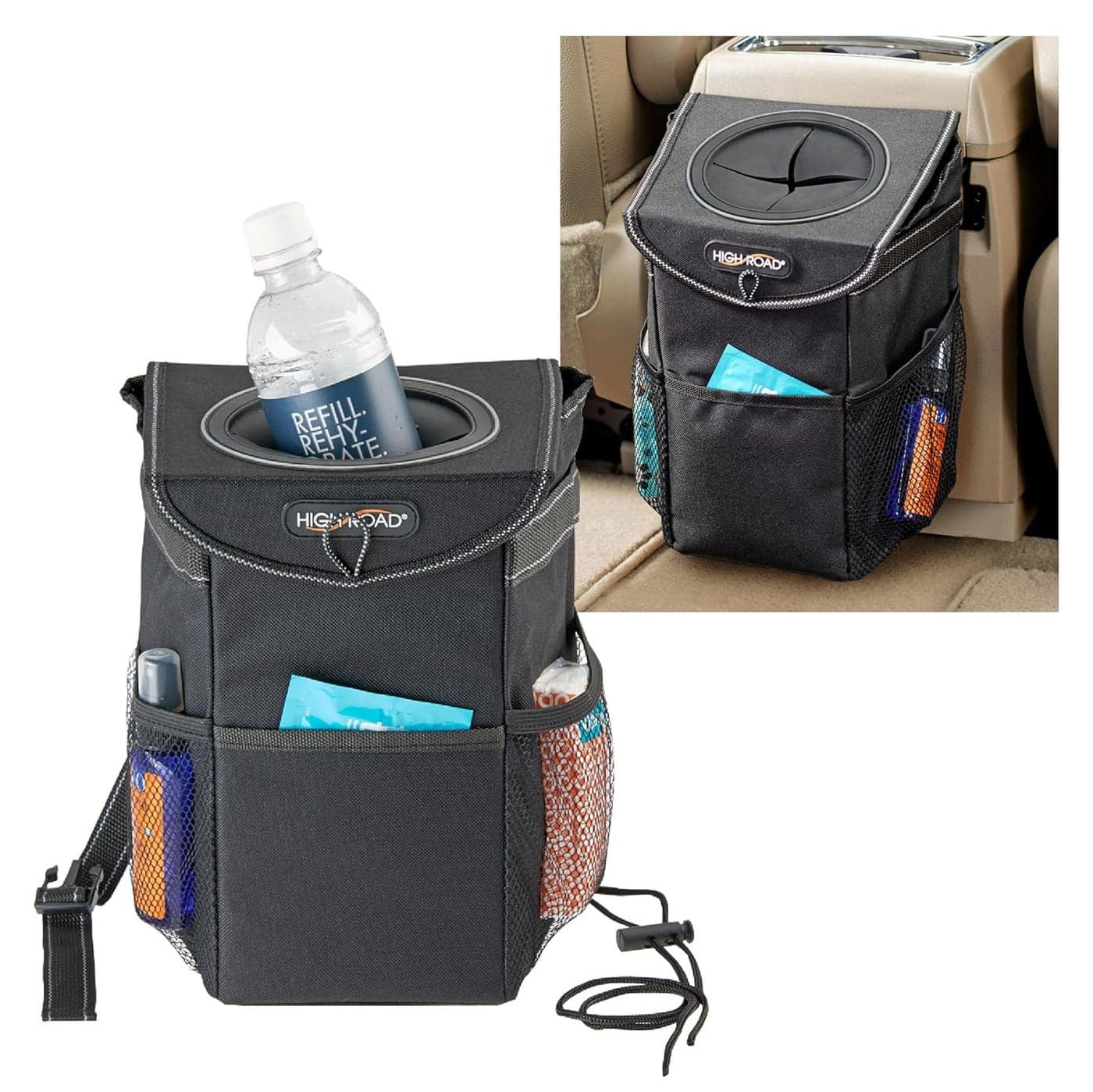 High Road StashAway Car Trash Can with Lid and Storage Pockets