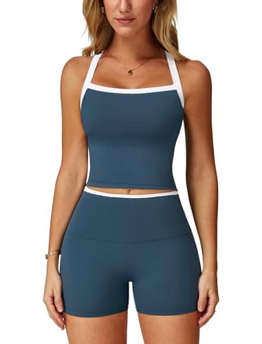 ABOCIW Workout Sets for Women 2 Piece Color Block Longline Sports Bra High Waist Biker Shorts Gym Set Yoga Pilates Outfits Active Wear White Trim Navy Small