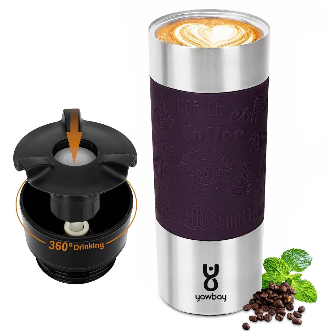 Yawbay Travel Coffee Mug Spill Proof17 Oz Travel Mug with 360Drinking LidDouble Wall Vacuum Insulated Coffee Travel Mug Stainless Steel Tumbler Thermal Coffee Mugs for Hot and Cold DrinksPurple