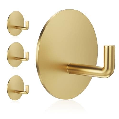 Adhesive Hooks Heavy Duty Waterproof in Shower Hooks for Hanging Loofah Towels Clothes Robes for Bathroom Removable Adhesive Wall Hooks Door Hook Stainless Steel Stick on Hooks 4 Pcs Gold