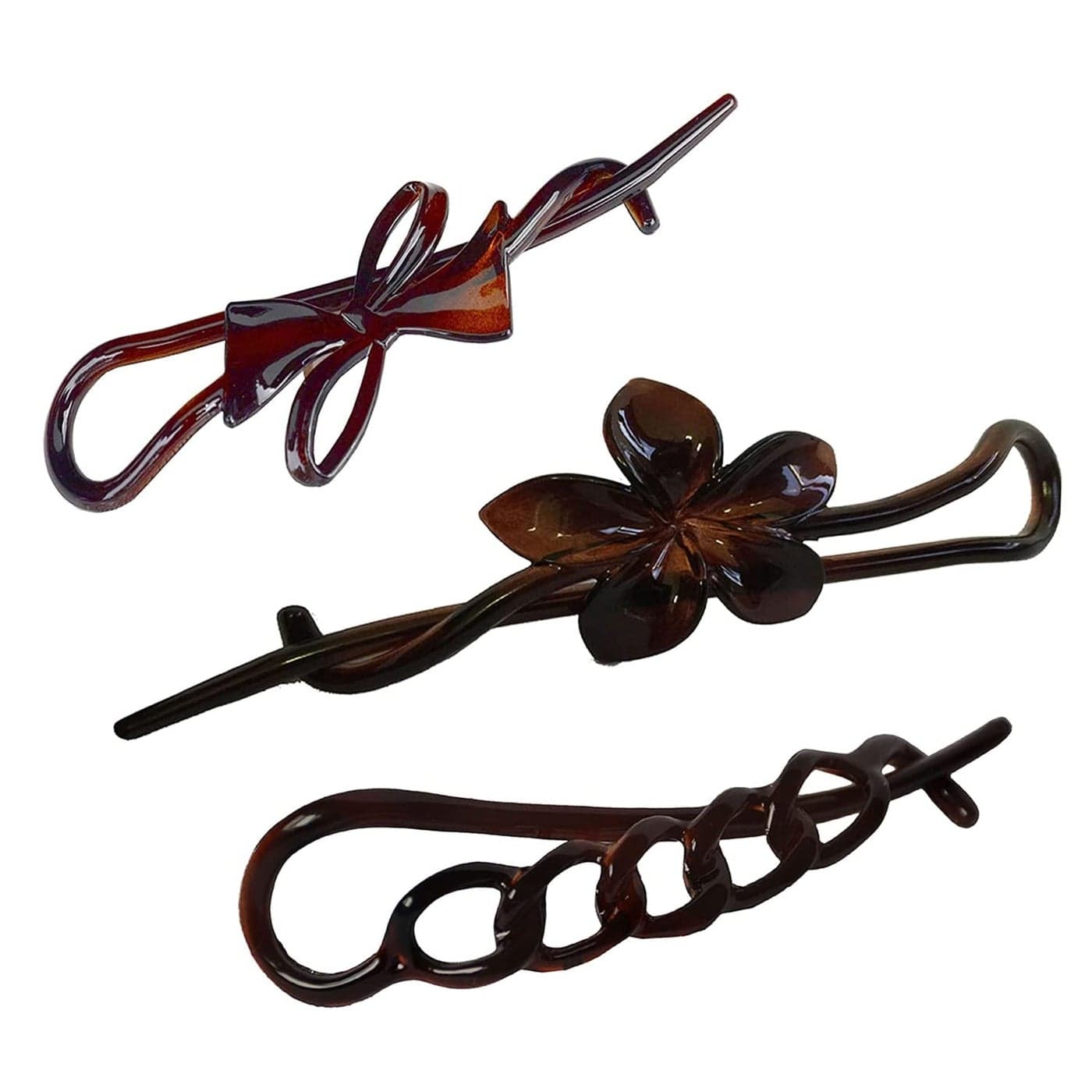 Parcelona French Twist n Clip Flower Bow and Chain 4 Celluloid Metal Free Hair Barrette Clips Women Hair Accessories Made in France Tortoise Shell Brown