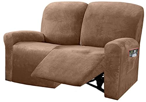ULTICOR Reclining Love Seat Slipcover, 48" - 65" L, 6-Piece Velvet Stretch Loveseat Reclining Sofa Covers, 2 seat Love seat Recliner Cover, Thick, Soft, Washable (Sand)