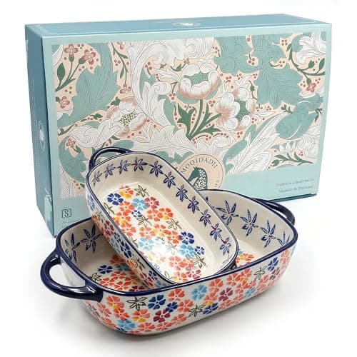 Polish Pottery Style Ceramic Baking Dish Set, 2-Piece Large & Small Casserole Bakers for 2–3 People, Floral Oven-to-Table Bakeware, Microwave & Dishwasher Safe, Gift-Ready with Protective Packaging