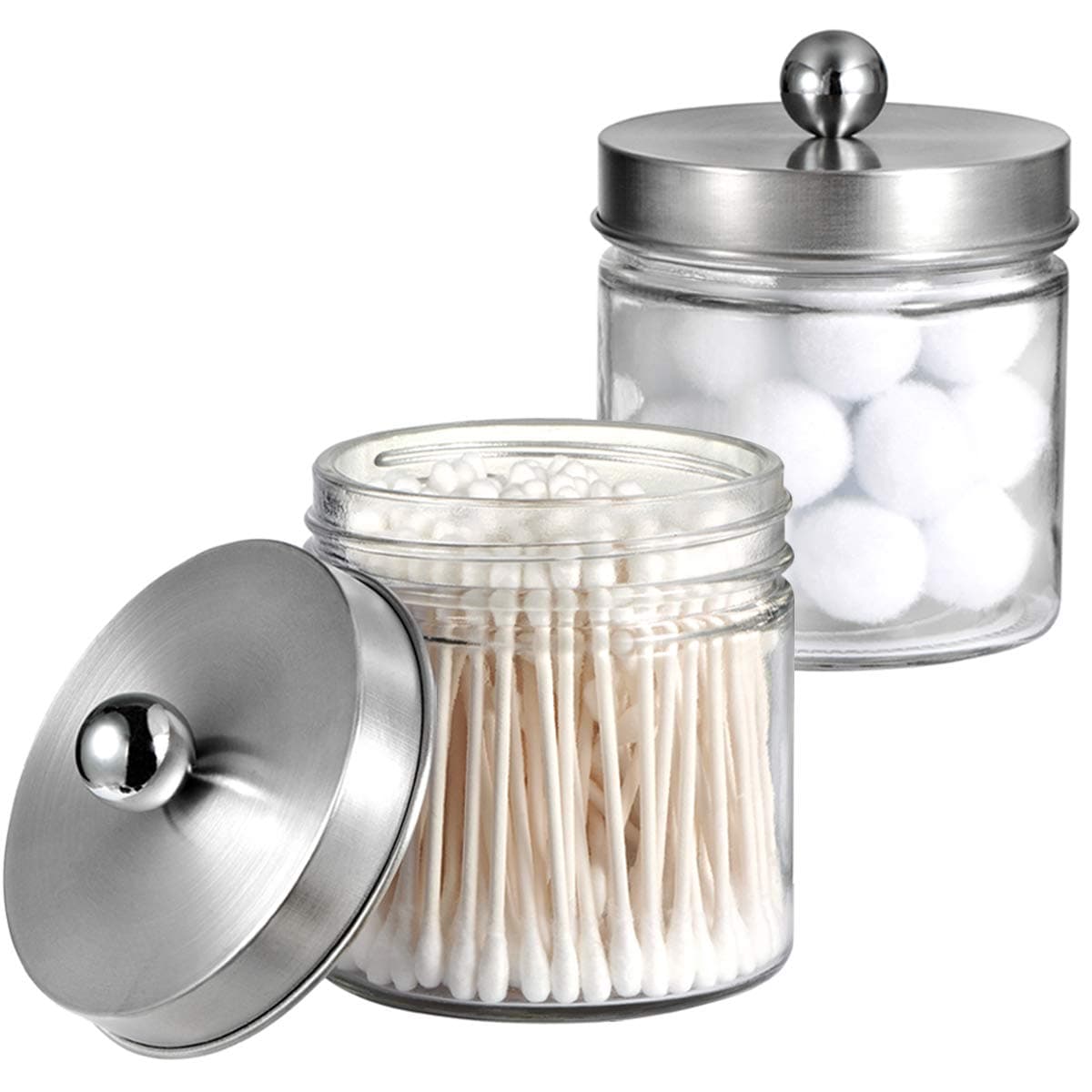 SheeChung Bathroom Organizers and Storage 2Pack Qtip Holders Bathroom Canister Apothecary Jars for Cotton Swabs Rounds Balls QtipsMakeup Sponges FlossersBath Salts Brushed Nickel
