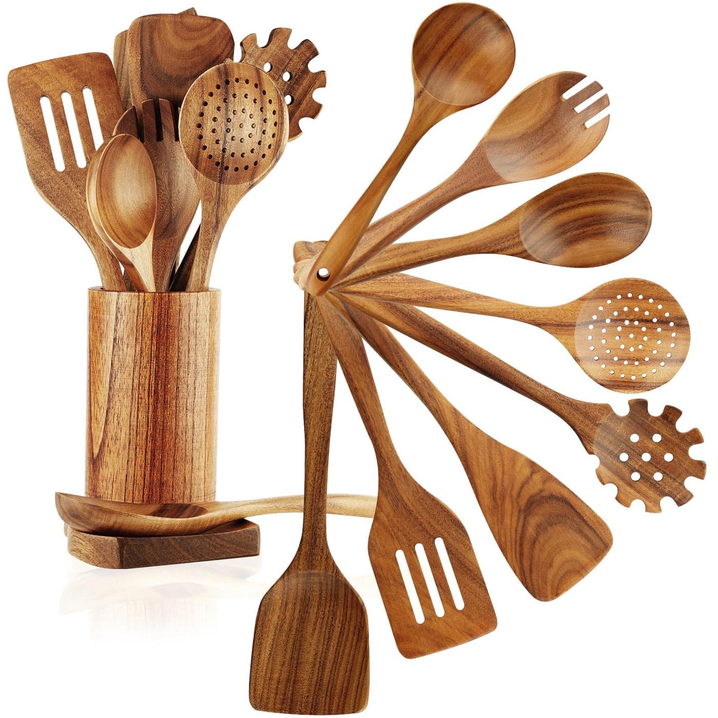 FJNATINH Wooden Spoons for Cooking 10 Pcs Teak Wooden Cooking Utensil Set with Holder Wooden Kitchen Utensils Set for Nonstick Pans Cookware