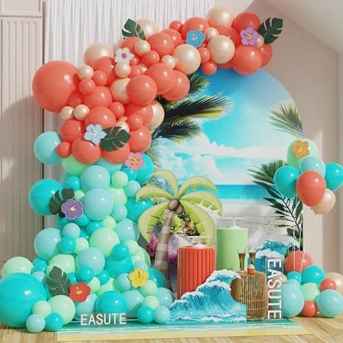 137pcs Moana Birthday Party Supplies, Aqua Blue Coral Pearl Champagne Gold Latex Balloons with Summer Hibiscus Stickers for Tropical Hawaii Luau Tiki Magic Theme Party Supplies