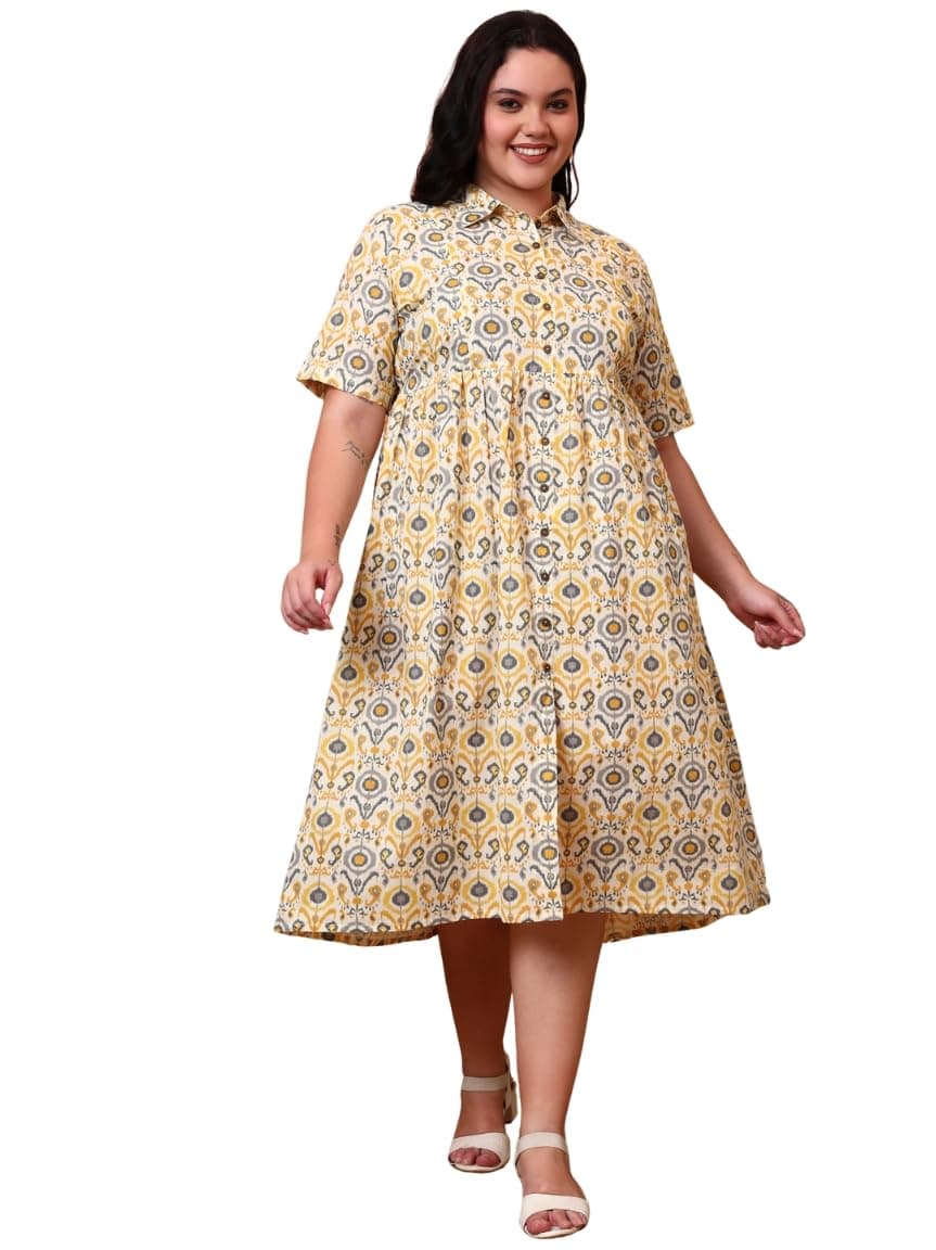 Yash Gallery Women’s Yellow Plus Size Cotton Floral Printed Maternity Dress | Comfortable Feeding Dress with Zigzag Sleeves & Border | Stylish Pregnancy & Nursing Wear for Moms