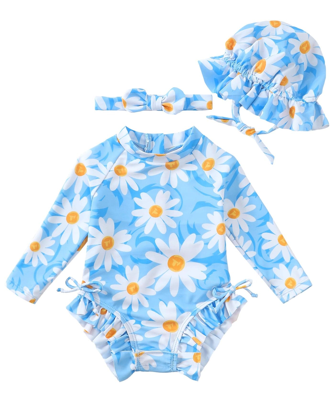 Renotemy Baby Girl Swimsuit 3-6 Months Drawstring Bow Back Zipper Bathing Suit Gifts Infant Girls 6 Months Blue Ruffle Summer Beach Essentials Long Sleeve One-Piece Rash Guard Swimwear with Hat