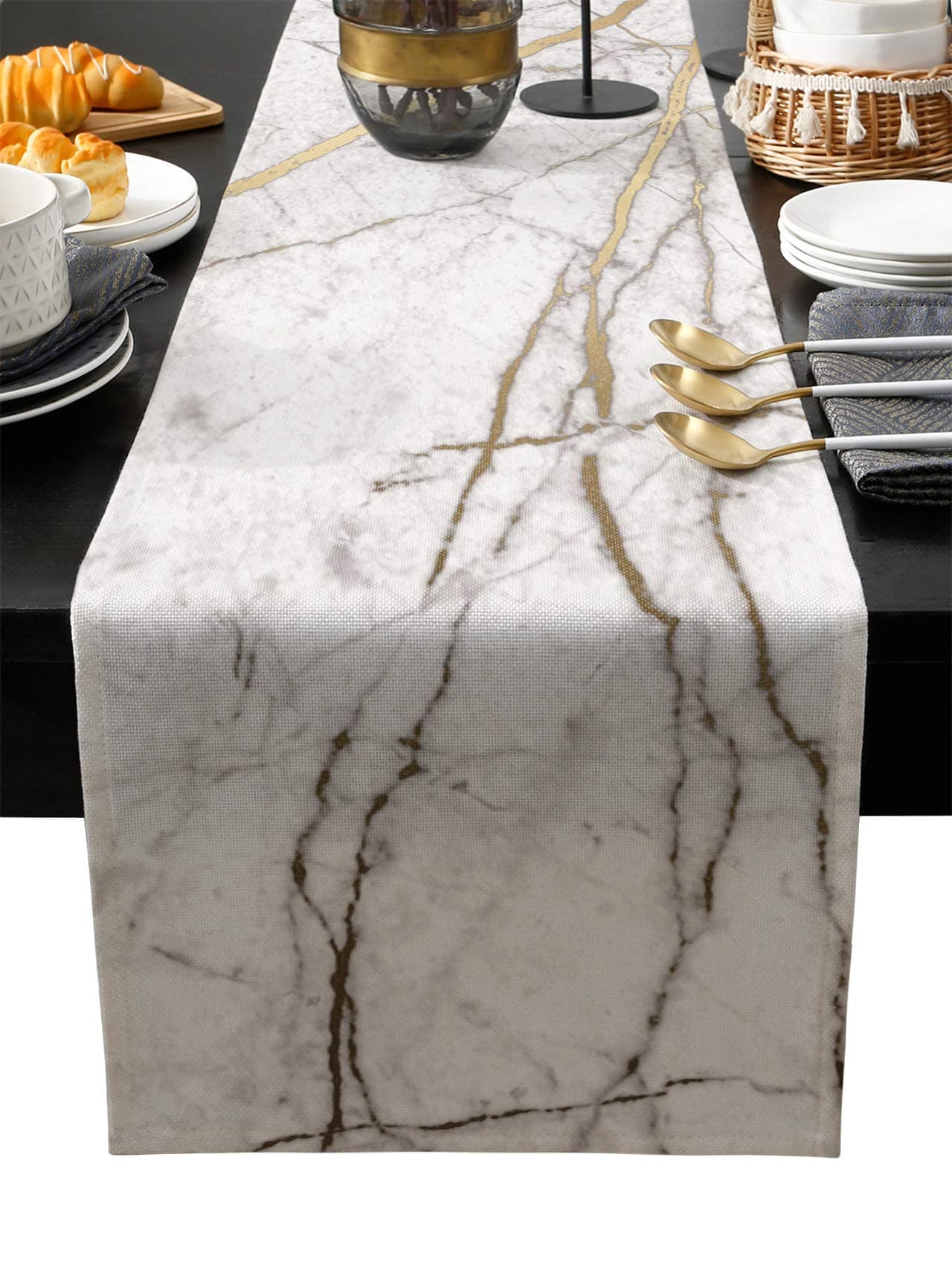 Marble Table RunnerCotton LinenLong 90 inche White Gray Gold Dresser ScarvesTexture Tablerunner for Kitchen CoffeeDiningSofaEnd Table Bedroom Home Living RoomScarfs Decor for Holiday Dinner