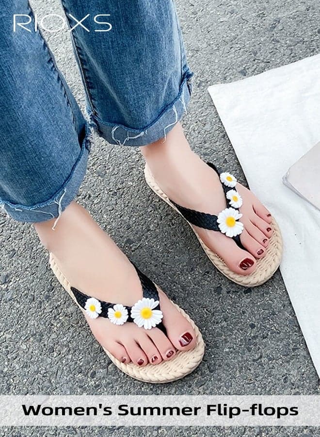 Women's Floral Flip Flop, Fashion Braided Thong Sandals, T-Strap Flip Flops for Women, Round Open Toe Slip-on Slippers, Ladies Boho Beach Slides, Soft House Slippers, Indoor Outdoor Flip-Flop Pair with Dresses SKirts Outfits, Creative Gifts for Friends Family