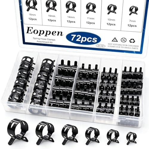 Eoppen 72Pcs Spring Hose Clamps Fuel Line Silicone Vacuum Hose Low Pressure Air Clamps Sleeving Automotive Replacement Fastener Assortment Kit 6 Sizes 7mm 10mm 11mm 14mm 16mm 18mm Black