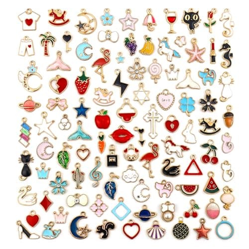JIALEEY 100PCS Gold Plated Enamel Charms Mixed Moon Star Fruit Animal Charm Colorful Pendant DIY for Necklace Bracelet Jewelry Making and Crafting