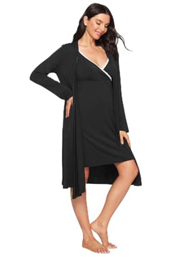 Latuza Womens Viscose Nursing Nightgown and Robe Set L Black