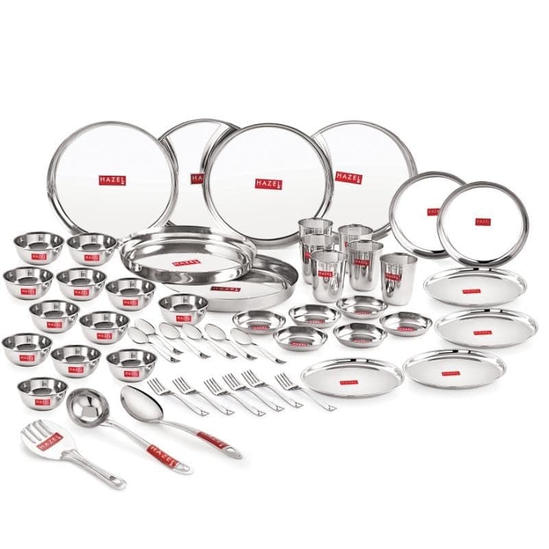 HAZEL Stainless Steel Dinner Set of 51 Pieces (6 Thali, 6 Glass, 12 Bowl, 6 Spoon Set, 6 Dessert Plate, 3 pcs Serving Spoon, 6 pcs Quarter Plate, 6 pcs Fork)
