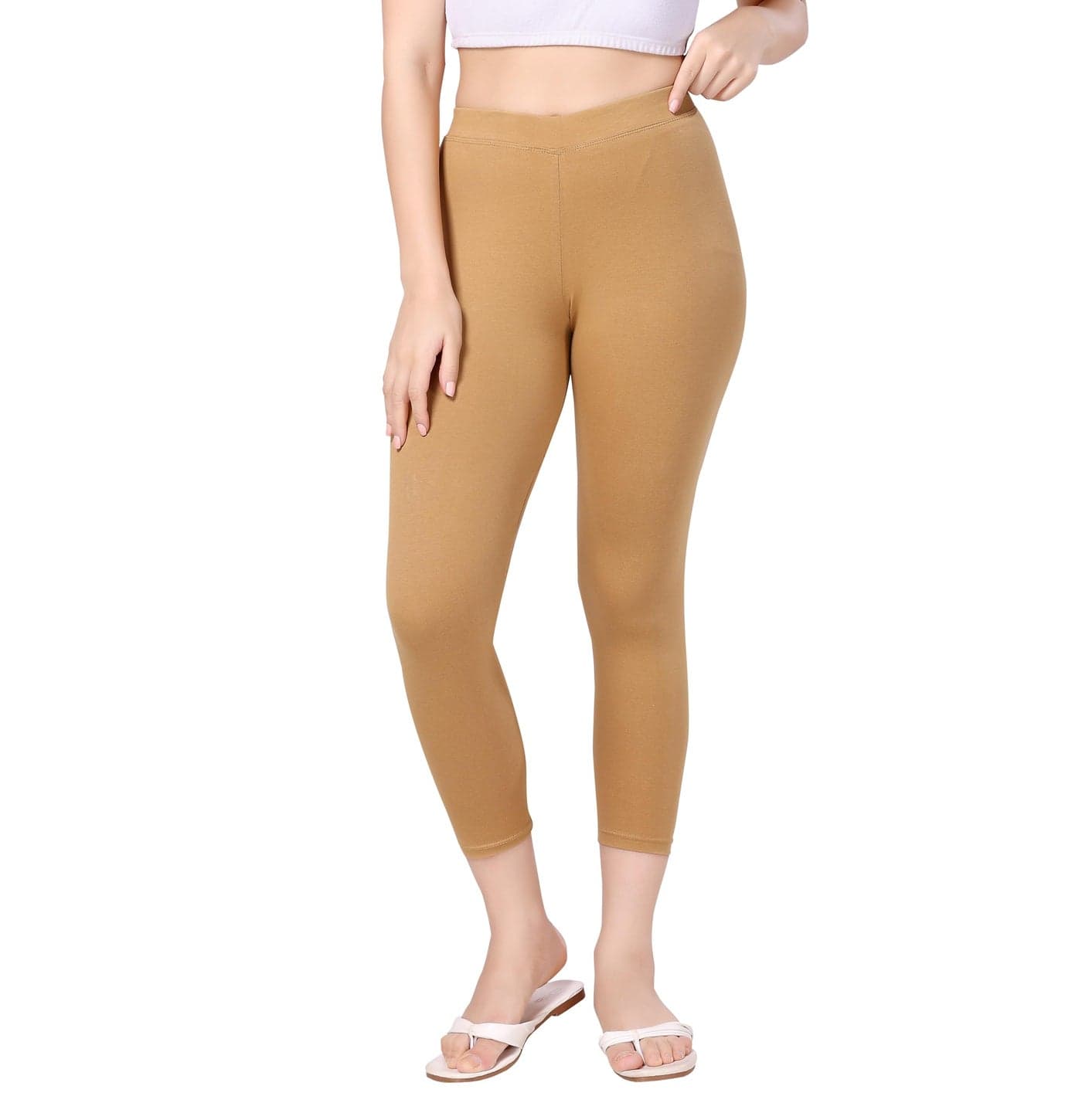 TRASA Women's Tailored Cut & Classic Fit Stretchable Cotton Fabric Mid Rise Skinny Fit High Ankle Length/Cropped Length Leggings - Beige, Size - M