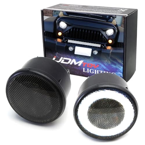 iJDMTOY Smoked Lens LED Driving/DRL Turn Signal Lamp Assembly Compatible With Jeep 2007-17 Wrangler (White LED Halo Ring as Parking/Driving/DRL Lights & Amber LED Center Light as Turn Signals)