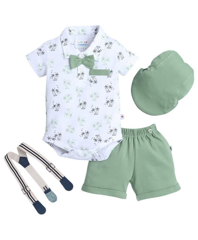 BUMZEE Baby Boys Cotton Bodysuit & Short Set With Bow Suspender & Cap White & Green - 0-3 Months