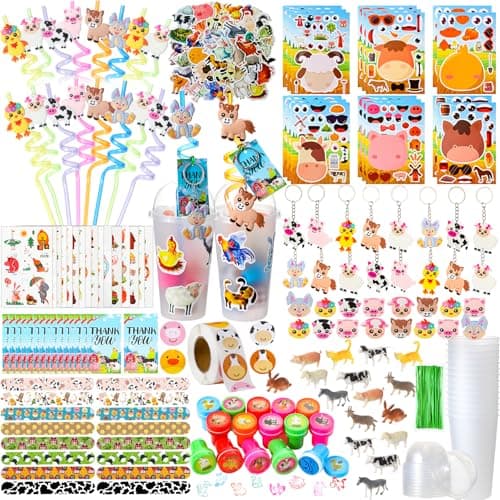 Poen 172 Pcs Farm Animal Party Favors Set Include Cup Straw Stamp Clap Bracelet Keychain Ring Puzzle Sticker Animal Miniature Card for Birthday Party Baby Shower Goody Bag Stuffer