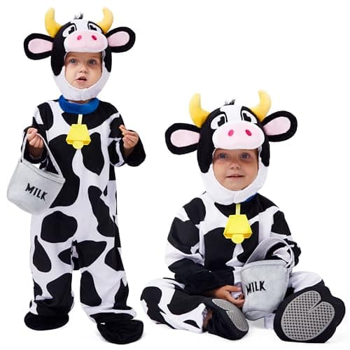 Spooktacular Creations Unisex Baby Cow Costume Jumpsuit Outfit with Milking Bucket for Infant Child Boys and Girls Halloween Costume Cosplay, Trick or Treat Farm Party Dress Up (18-24 Months)