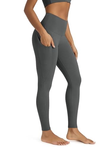 ODODOS Women's High Waisted Full Length Yoga Leggings with Pockets, 28" Inseam Tummy Control Non See Through Workout Athletic Running Yoga Pants, Charcoal, Large