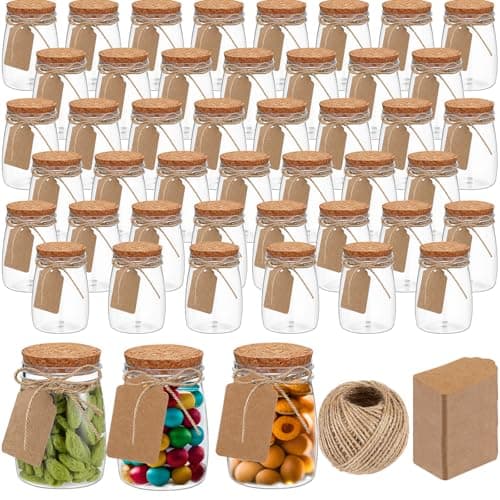 Nitial 50 Pack 5 oz Plastic Jars with Lids Bulk Yogurt Containers with Lids Gift Jars with DIY Craft Twine and Labels Gifts for Birthday Wedding Halloween Christmas Party Favor(Brown,Cork Lid)