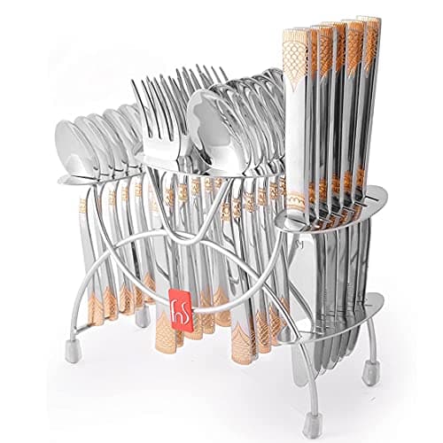 FnS - Stainless Steel, August Style - Cutlery Set with Stand, Pack of 24 Units, Silver Color - Includes Dinner Spoons Dinner Forks Tea Spoons Dinner Knives Suitable for Kitchen Dining Table Setup