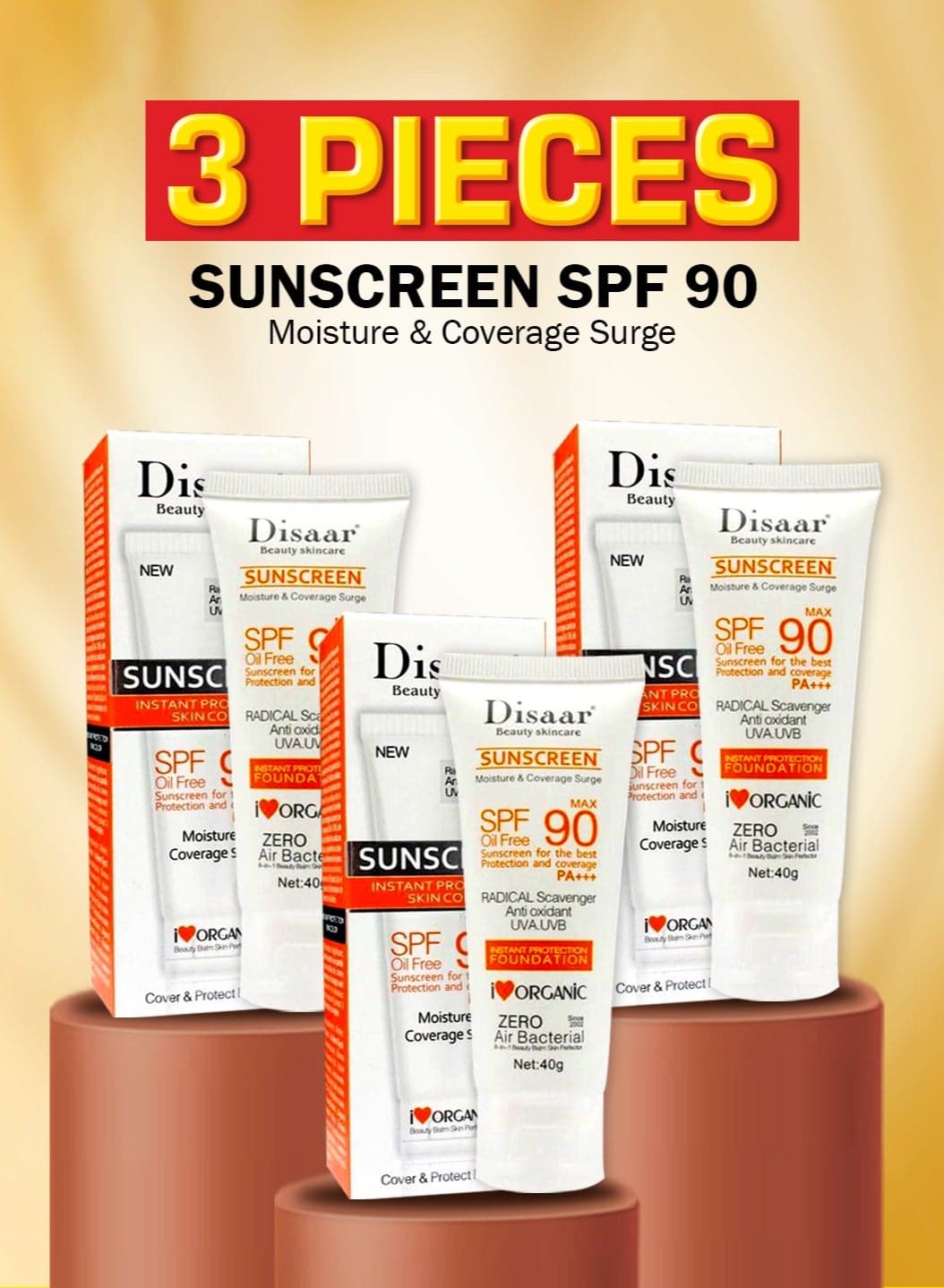 3 Pieces Original Disaar Sunscreen SPF 90 PA Oil-Free Sunblock for Face and Body Lightweight Waterproof UV Protection Whitening Anti-Aging Cream Suitable for All Skin Types Daily Sun Protection
