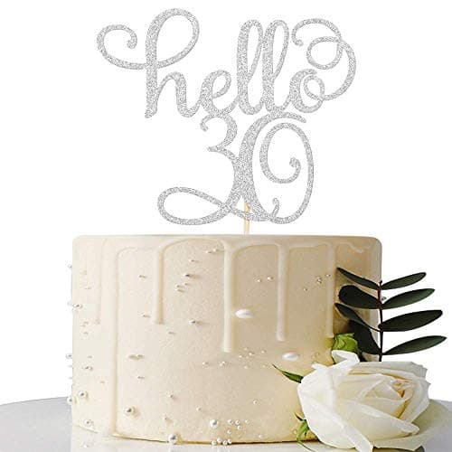 Festiko®Sliver Glitter Hello 30th Cake Topper - Cheer to 30 Years -30 and Fabulous Cake Topper - 30th Birthday/Wedding Anniversary Party Sign Decorations