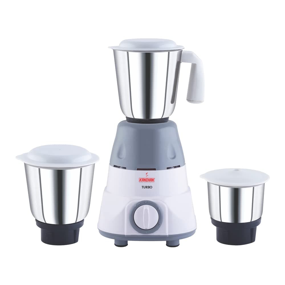 Kanchan Turbo Mixer Grinder 650 Watts With 3 Multipurpose Stainless Steel Jars For Heavy Duty Grinding 3 Speed Control With 5 Years Warranty On Motor White