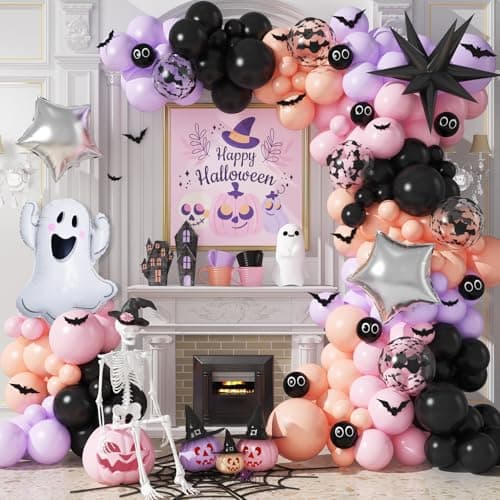 Jobkoo Halloween Balloon Garland Arch Kit Black Purple Pink Halloween Baby Shower Latex Balloons with 3D Bat Ghost Witch Mylar Foil Balloons Set for Happy Halloween Birthday Decoration Indoor Outdoor