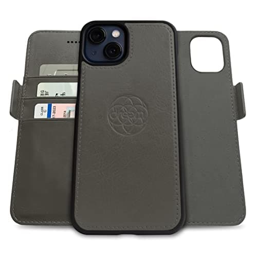 Dreem Fibonacci Wallet Case for iPhone 13 2in1 Detachable Vegan Leather Cover with Builtin KickStand RFID Blocking Card Holder MagSafe Compatible Grey