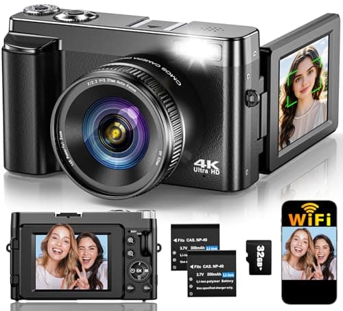 4K Digital Camera for Photography Autofocus Upgraded 64MP WiFi Vlogging Camera for YouTube with 3 180 Flip Screen 16X Zoom Compact Travel Cameras for Beginners with 32GB Card 2 Batteries Black