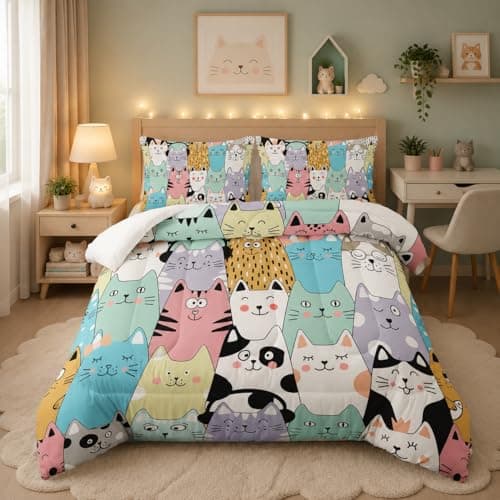 Tuzaovy Twin Cat Comforter Set for Girls Kawaii Cute Bedding Set with Cat Room Decor