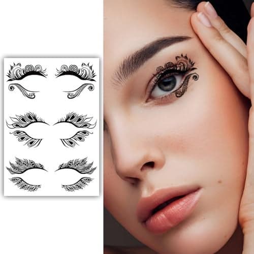 S.A.V.I 3 Pairs Stylish Black Temporary Eye Tattoo Stickers for Women | Intricate Floral & Feather Designs | Waterproof & Easy Application | Party, Festival, Makeup Looks | Long-Lasting Beauty