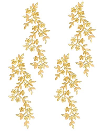 4 Pieces 10x5inch Long Patch Flower Vine with Leaf Iron on Patch Embroided Applique for Garment Curtain Pillow Blanket Trimming Shoes Jeans Clothing Embelishments Gold
