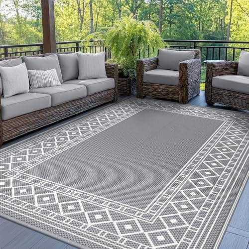 GENIMO Outdoor Rug Waterproof for Patio Decor, 6'x9' Reversible Plastic Straw Area Carpet, Camping Outside Mat for Outdoor, RV, Deck, Camper, Balcony, Picnic, Grey & White