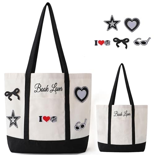 Vane Oak Canvas Tote Bag for Women, Book Lover Tote Bag with 5 Embroidery Patches Large Reusable Grocery Shopping Bag with Front Pockets DIY Your Creative Designs for Bookish Readers