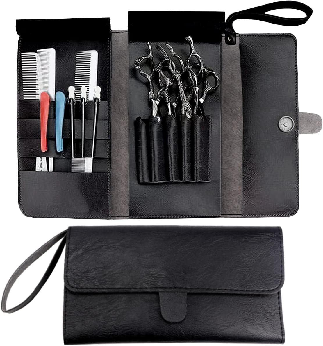 FERCAISH Salon Scissors Storage Bag Black Leather Scissors Holder Pouch Cases Multifunctional Clutch Bag Barber Salon Scissors Cases Salon Tools Holster Bag for Stylist Barber Hairdressers
