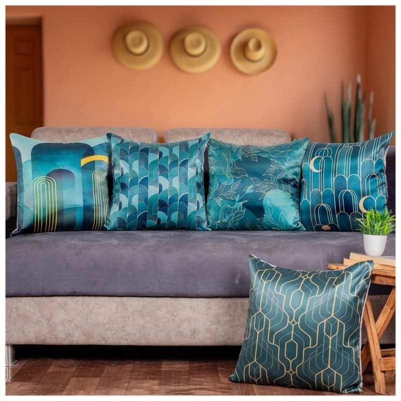Vendola 3D Decorative Satin Sofa Cushion Covers Set of 5, 20 Inch x 20 inch, Sofa Pillow Cover, Green and Blue, Geometrical Design, Zipper Closure (Verdent, 20X20 Inches)