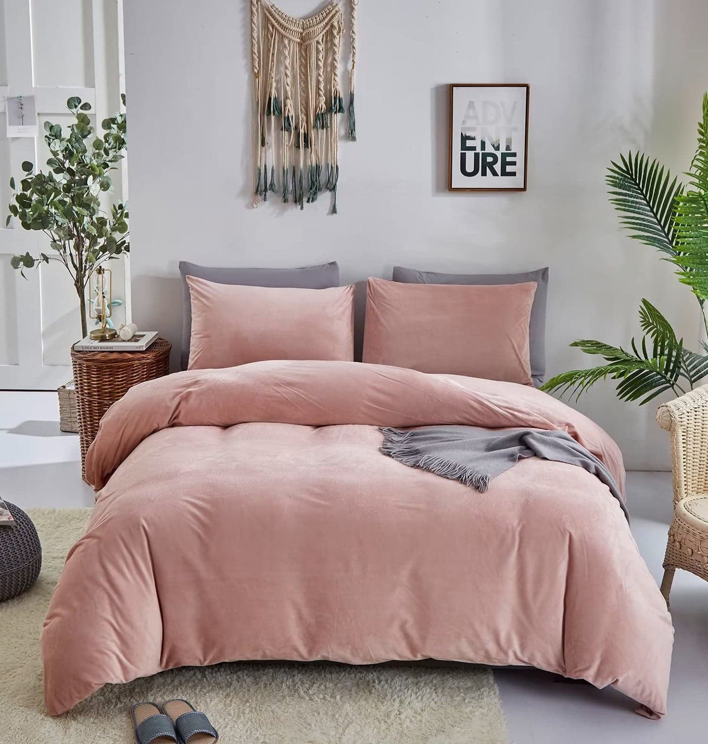 Houseri Velvet Pink Comforter Set Queen Blush Bedding Fluffy Light Flannel Sets Furry Dusty Sherpa Comforters Warm Fuzzy Blanket 9090
