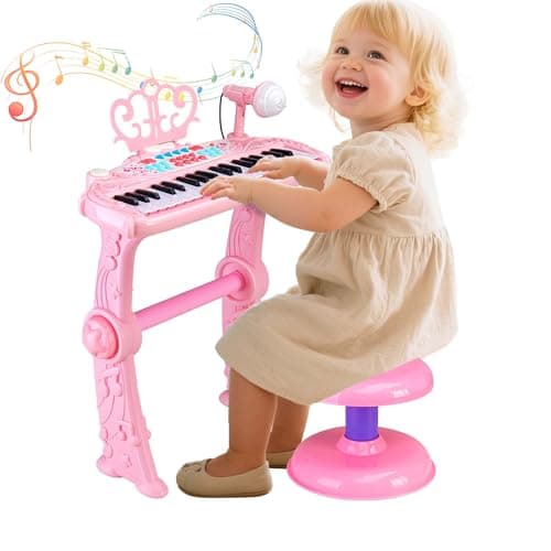 37 Key Kids Piano Keyboard Toy with Stool Pink Toddler Piano Toy Electronic Musical Instrument Keyboard Toys Girls Birthday Gift for Ages 37