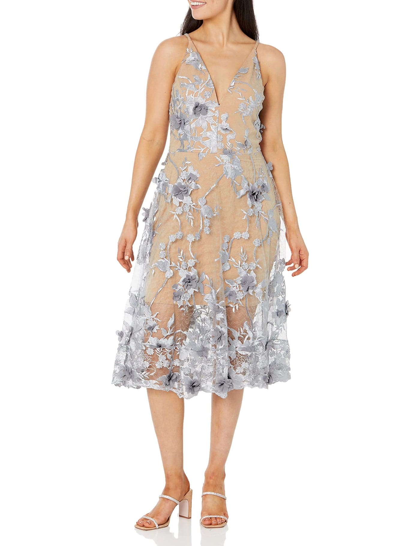 Dress the Population Women's Audrey Spaghetti Strap MIDI A-LINE 3D Floral Dress Dress, Mineral Blue/Nude, XL