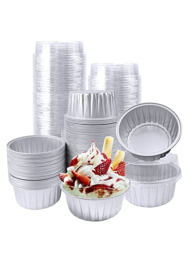 100Pcs Aluminum Cups with Lids,5oz Disposable Ramekin Baking Cups Muffin Liners Mini Pie Pans Foil Cupcake Containers for Christmas Party Wedding,Silver