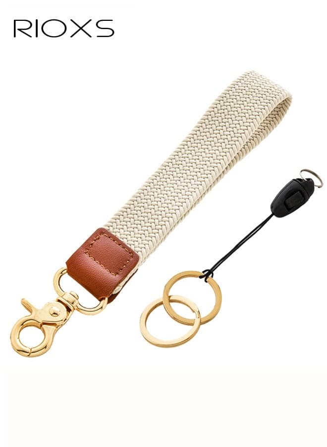 Fishent Stretchy Key Chain, Adroable Woven Keychain Wristlet for Women Men, Lightweight Wrist Lanyard for Keys, Key Chains for Car Keys, ID Badges Card, Wallet, Phone, Beige