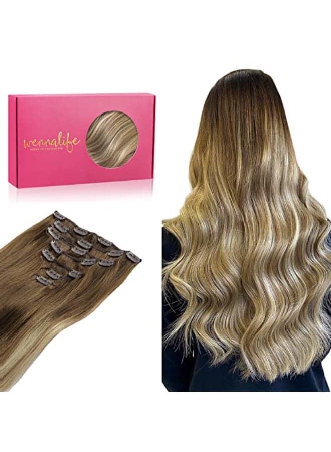 WENNALIFE Clip in Hair Extensions Real Human Hair 16 Inch 120g 7pcs Ombre Walnut Brown to Ash Brown and Bleach Blonde Clip in Human Hair Remy Clip in Hair Extensions Real Human Hair Double Weft