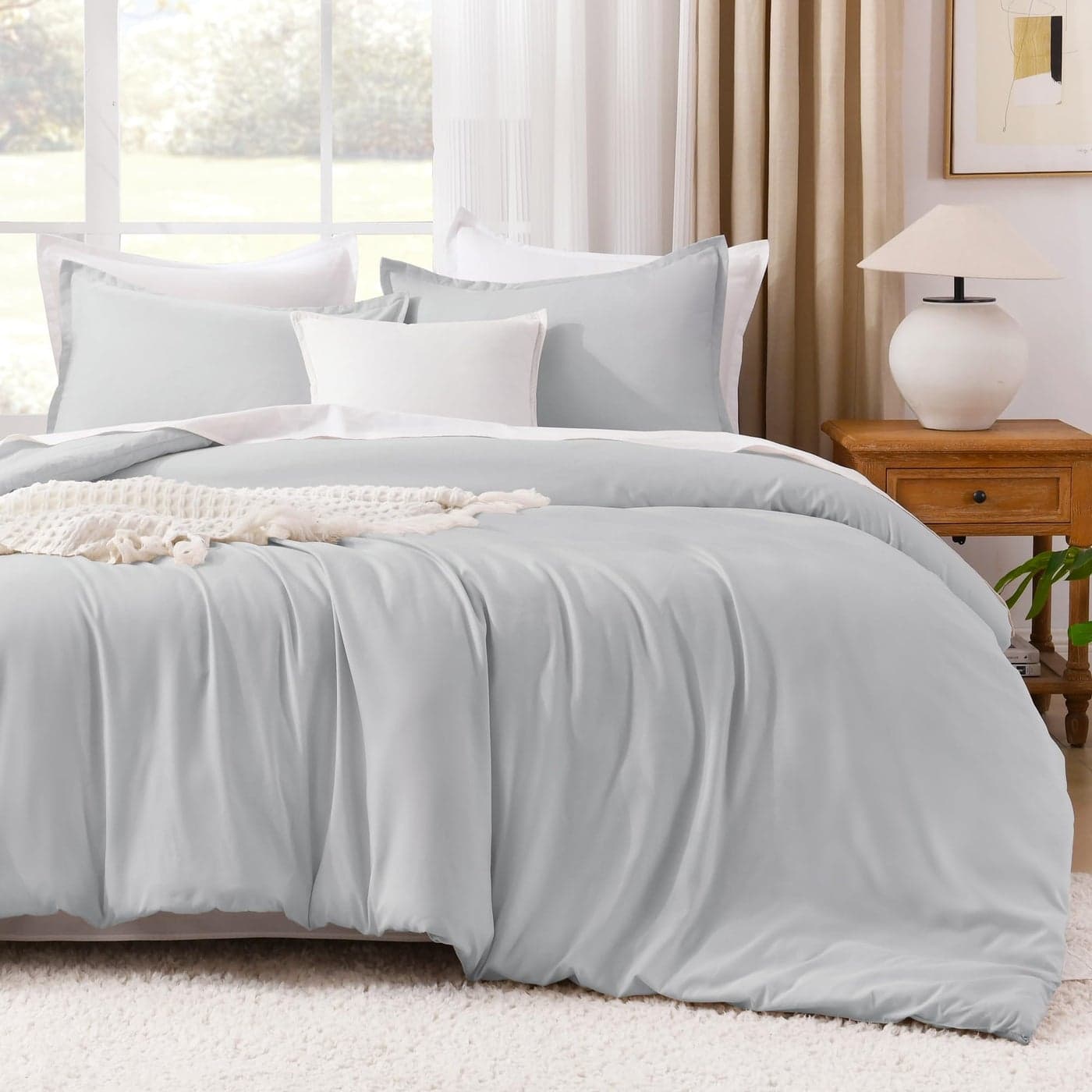Litanika Light Grey Comforter California King Size 3 Pieces Cal King Lightweight Solid Bedding Comforter Set All Season Fluffy Bed Set 104x96In Comforter 2 Pillowcases
