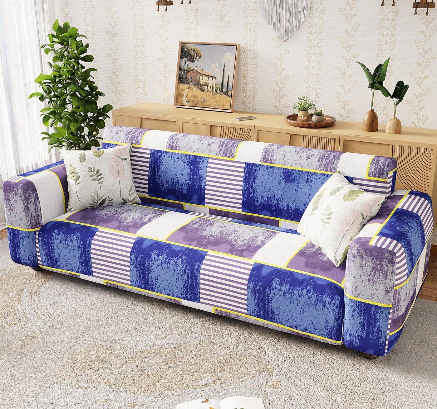 Lukzer 2 Seater Multi Patch Universal Sofa Cover | 360° Fully Covered Anti-Slip Washable Couch Cover Protecter | 140 GSM Stretch Fit Polyester + Spandex Slipcover (140-180cm/SC-042-02)